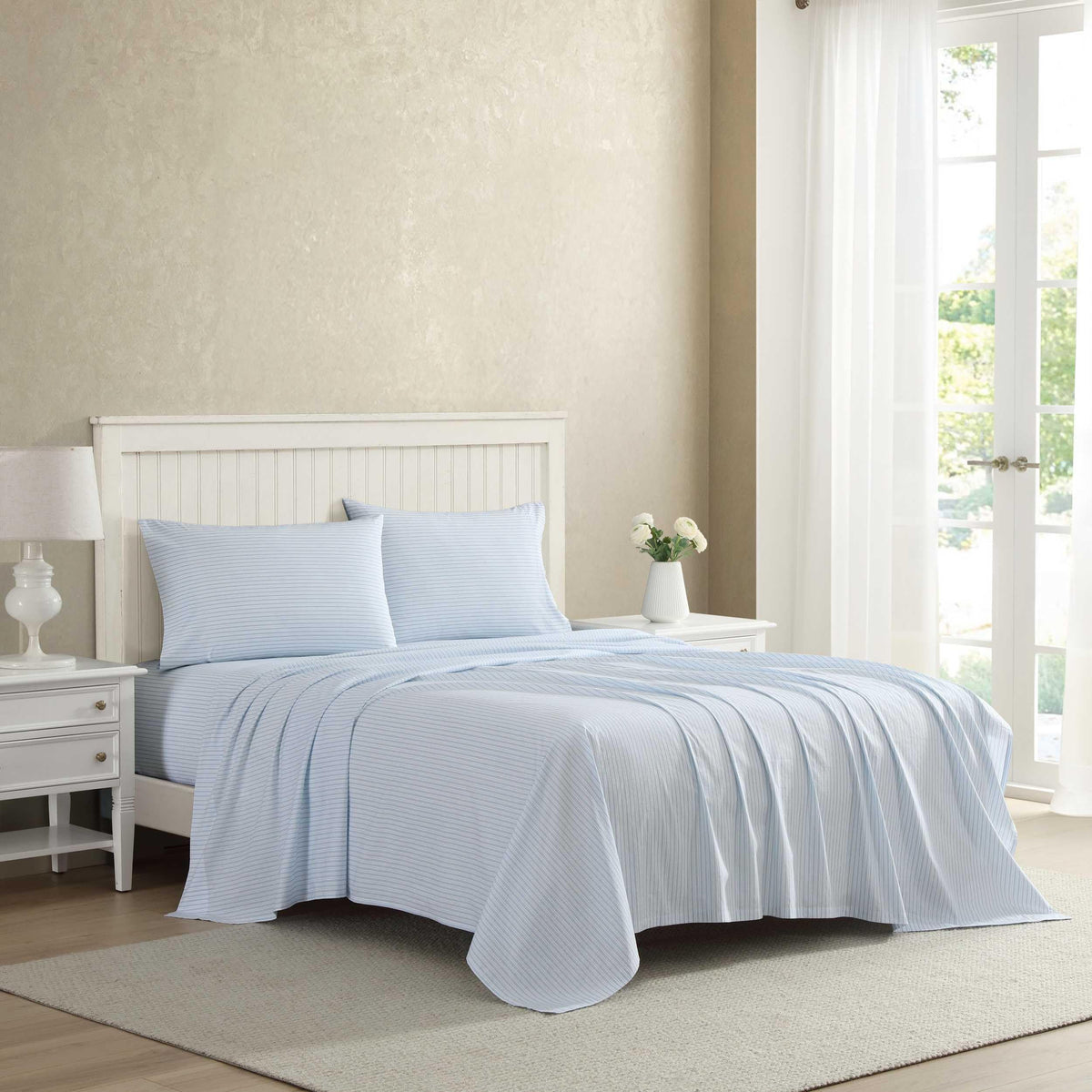 Laura Ashley - King Sheet Set, Crisp & Cool Cotton Percale Bed Sheets, Deep Pockets, Striped Bedding with Matching Fitted Sheet & Pillowcases (Bedford Skinny Stripe Blue)