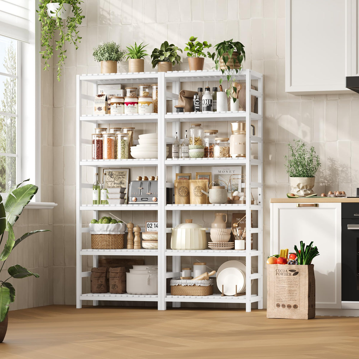 FOTOSOK 6-Tier Bamboo Shelf, Bamboo Bookcase with Adjustable Shelves, Free Standing Storage Shelf Unit, Plant Flower Stand for Bathroom, Kitchen, Home Office, White