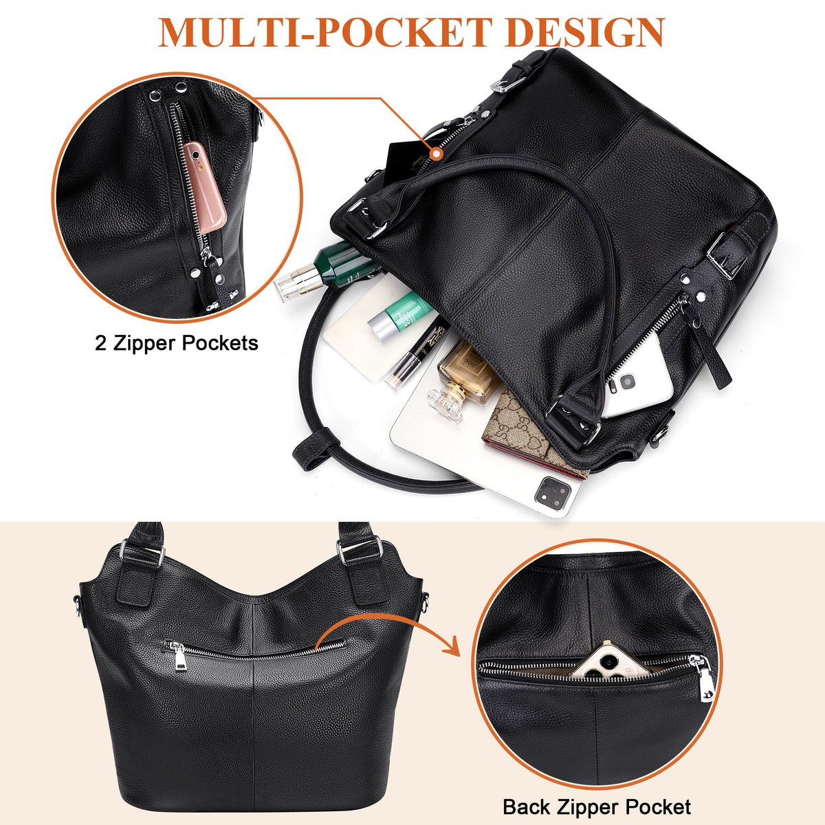 Over Earth Genuine Leather Handbags for Women Hobo Shoulder Bags Ladies Tote Bag(O172E Black)