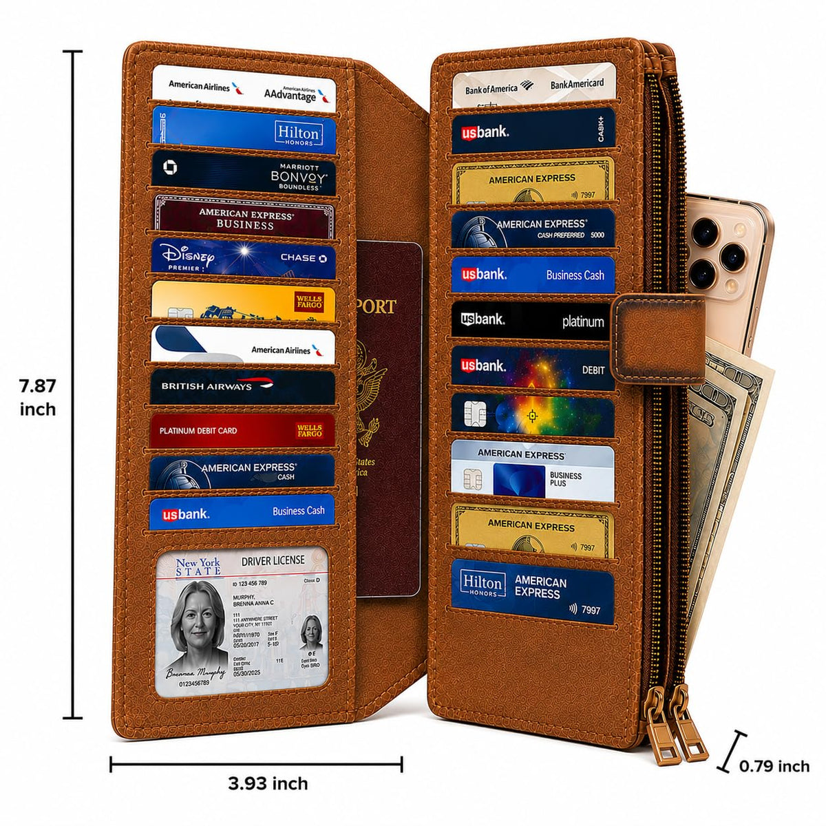 ESS RFID Blocking Leather Wallet for Women Slim Bifold Card Holder – Double Zipper Money Organizer with 43 Card Slots, Passport Pocket, iPhone Storage, ID Window, Travel Wallet Brown