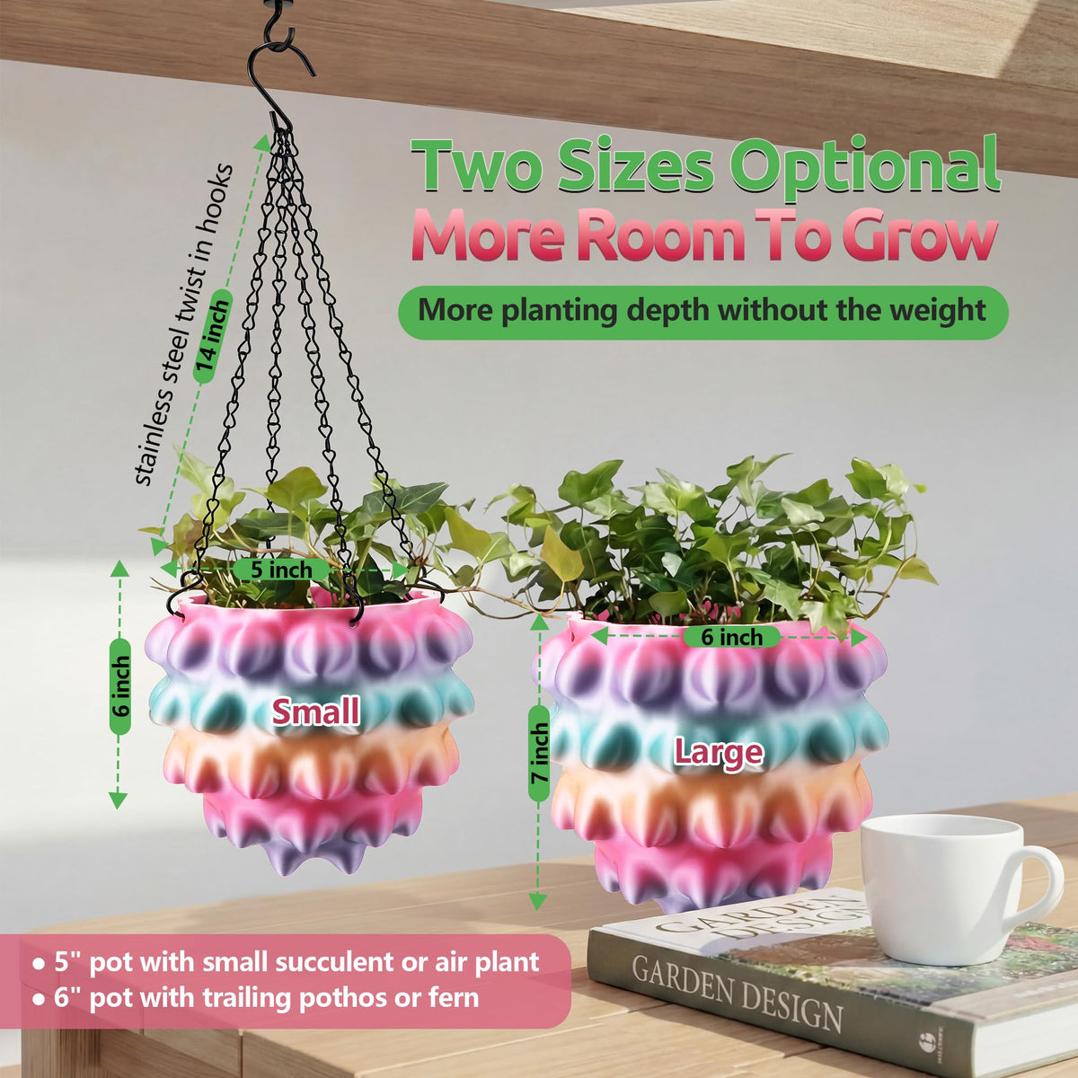 Enhon 6 Inch Hanging Planters for Indoor Plants, Unique Hanging Pots for Plants with Drainage and Hanger Baskets Hangers, Spiked Orb Plant Hanger, Silky Rainbow Finish