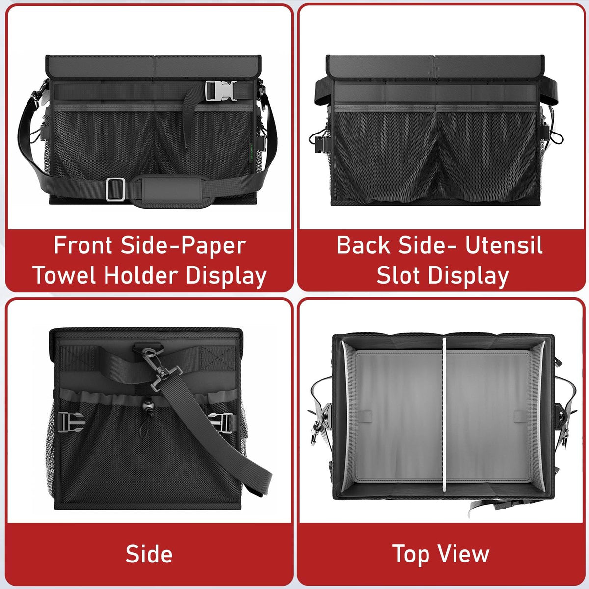 FANGSUN Black Grill Caddy, BBQ Organizer with Lid & Paper Towel Holder, Picnic Griddle Caddy for Outdoor Camping, Barbecue Accessories Organizer, 32L Capacity, Black