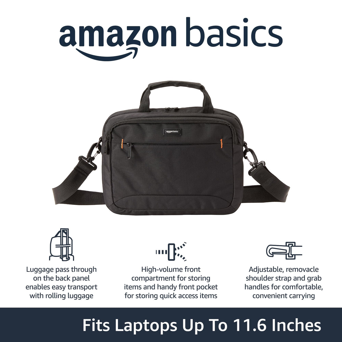 Amazon Basics 11.6 inch Laptop Bag with Shoulder Strap and Handle, Briefcase with Large Capacity Compartments for Tablets and Accessories, Black, 1-Pack