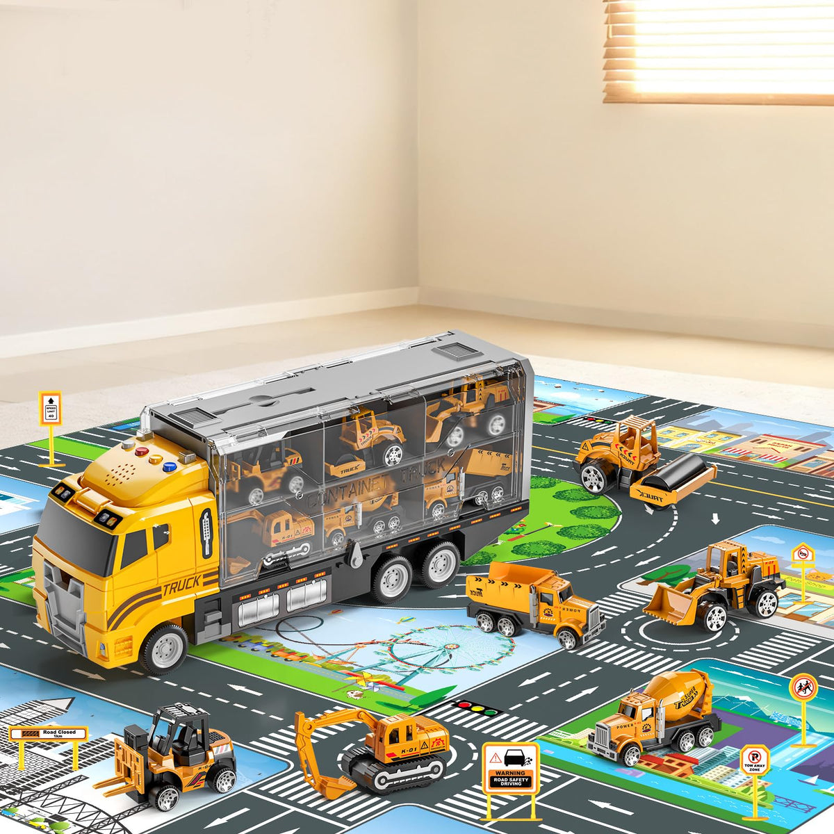 NIPLOOOW Toddler Boys Construction Truck Vehicle Toy Set with Play Mat and Die-Cast Toy Car, Transport Carrier Truck for Kids 3-5, Birthday Gifts Toys for 3-8 Year Old Boys