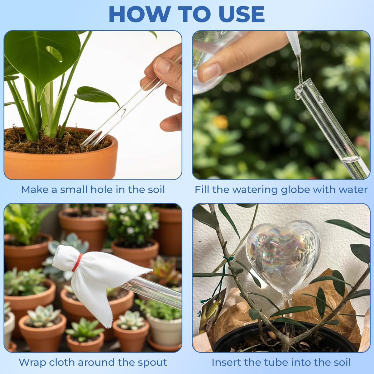 KH866 Heart Plant Water Globe, 4 Pcs Set Iridescent Glass Self Watering Bulbs, Heart Shaped Waterer Dripper for Indoor Plants, Outdoor Flowers, Planter Insert Garden Device for Pots