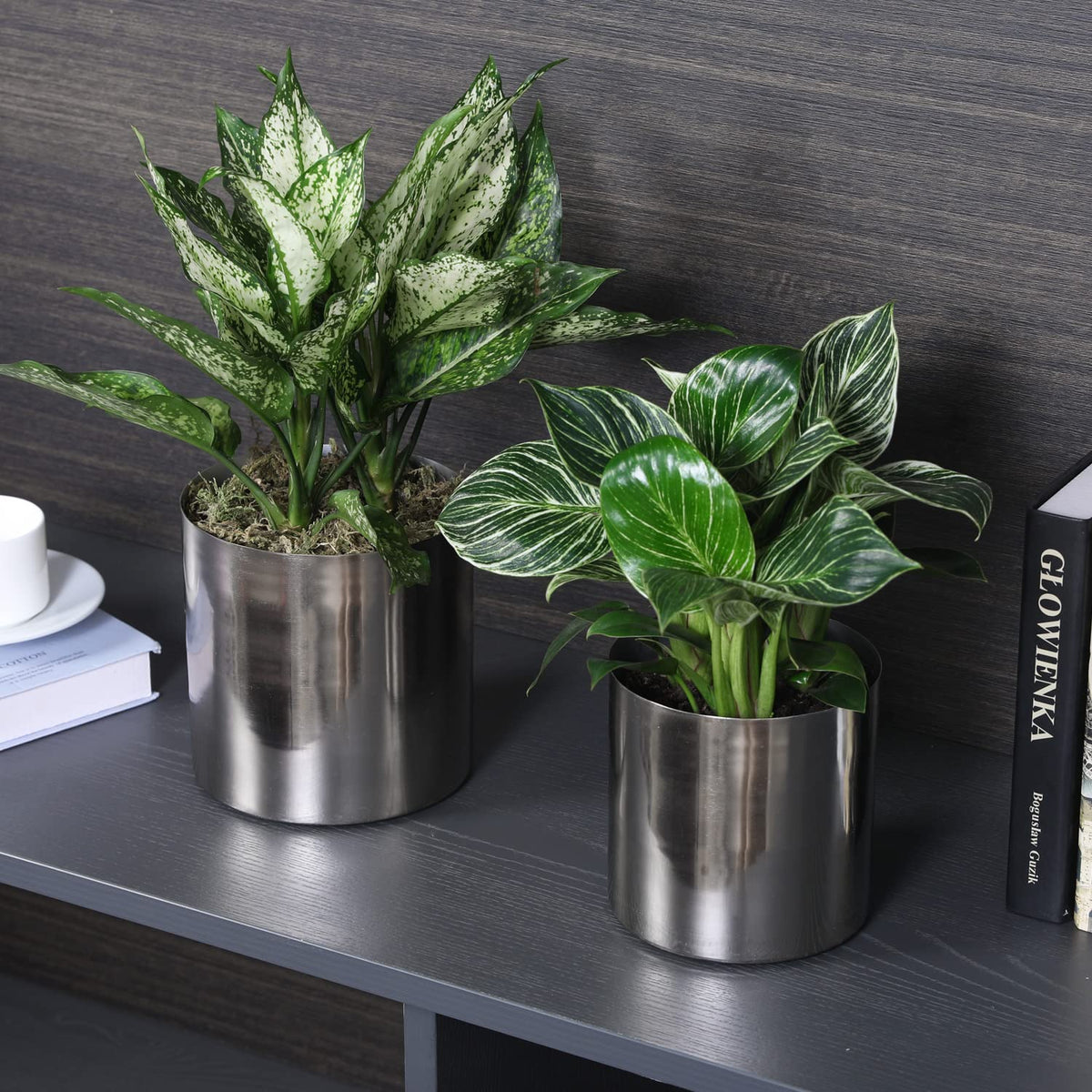 MyGift 5.2 and 6 Inch Round Handmade Shiny Silver Tone Metal Plant Pot Covers, Decorative Indoor Tabletop Houseplant Planter Containers, 2 Piece Set - Handcrafted in India