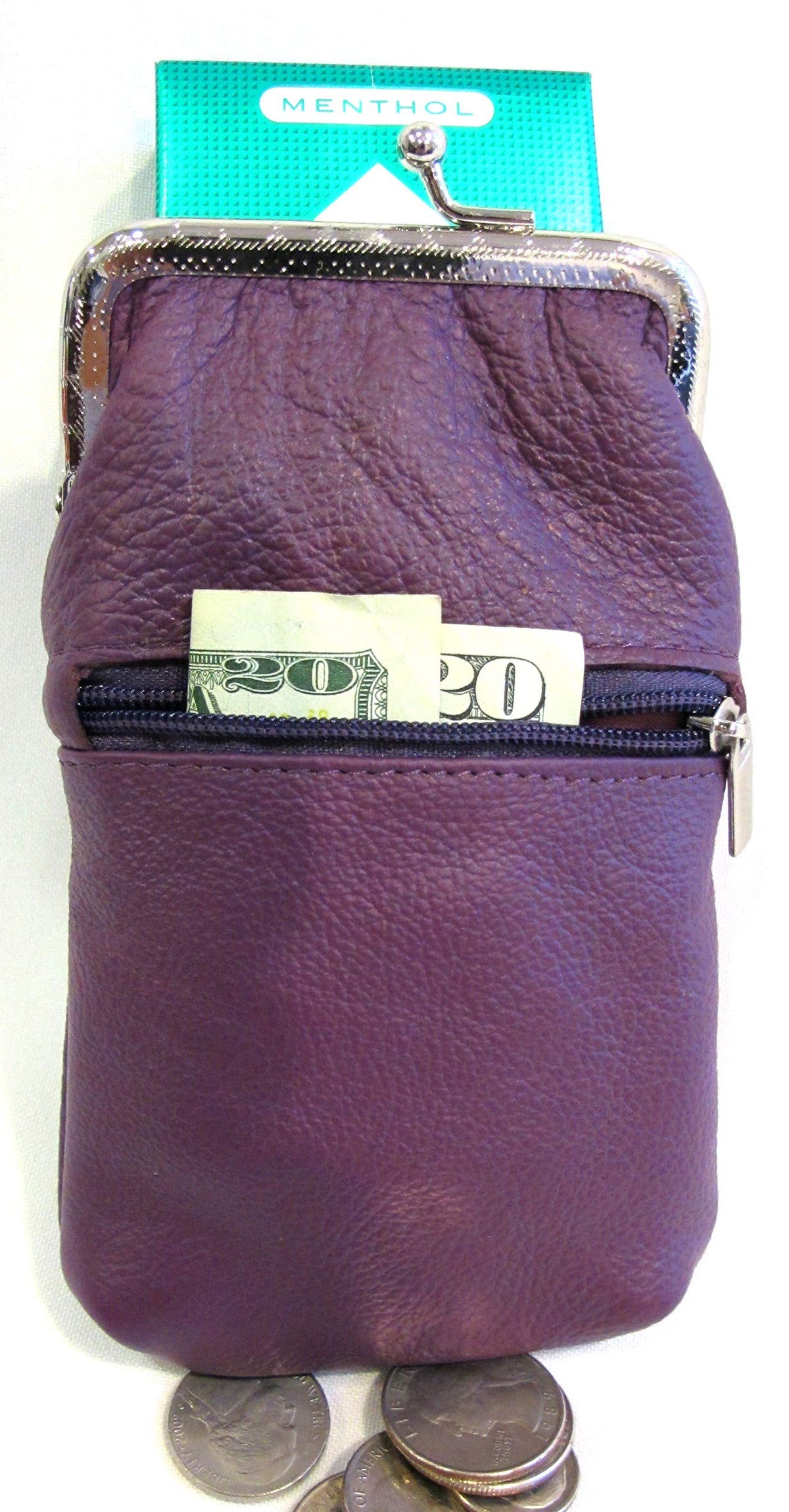 Women 100% Pure Leather Cigarette Case Lighter Match Pocket Zipper Coin Pouch -4 Color (Purple)