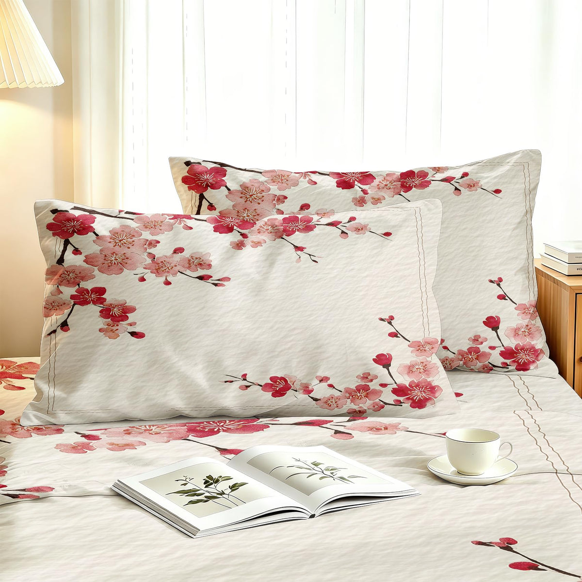 Cherry Blossom Full Sheet Set Japanese Red Flower Flat Fitted Sheet Sets