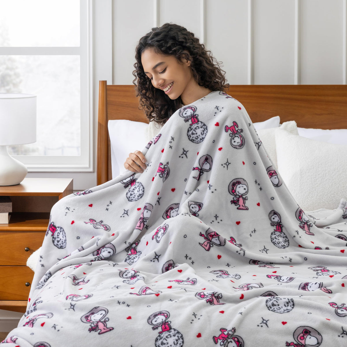 Berkshire Peanuts® VelvetLoft® Cute Character Snoopy Plush Throw Blanket,Over the Moon for You Light Grey,Throw 55 in x 70 in (Official Peanuts® Product)