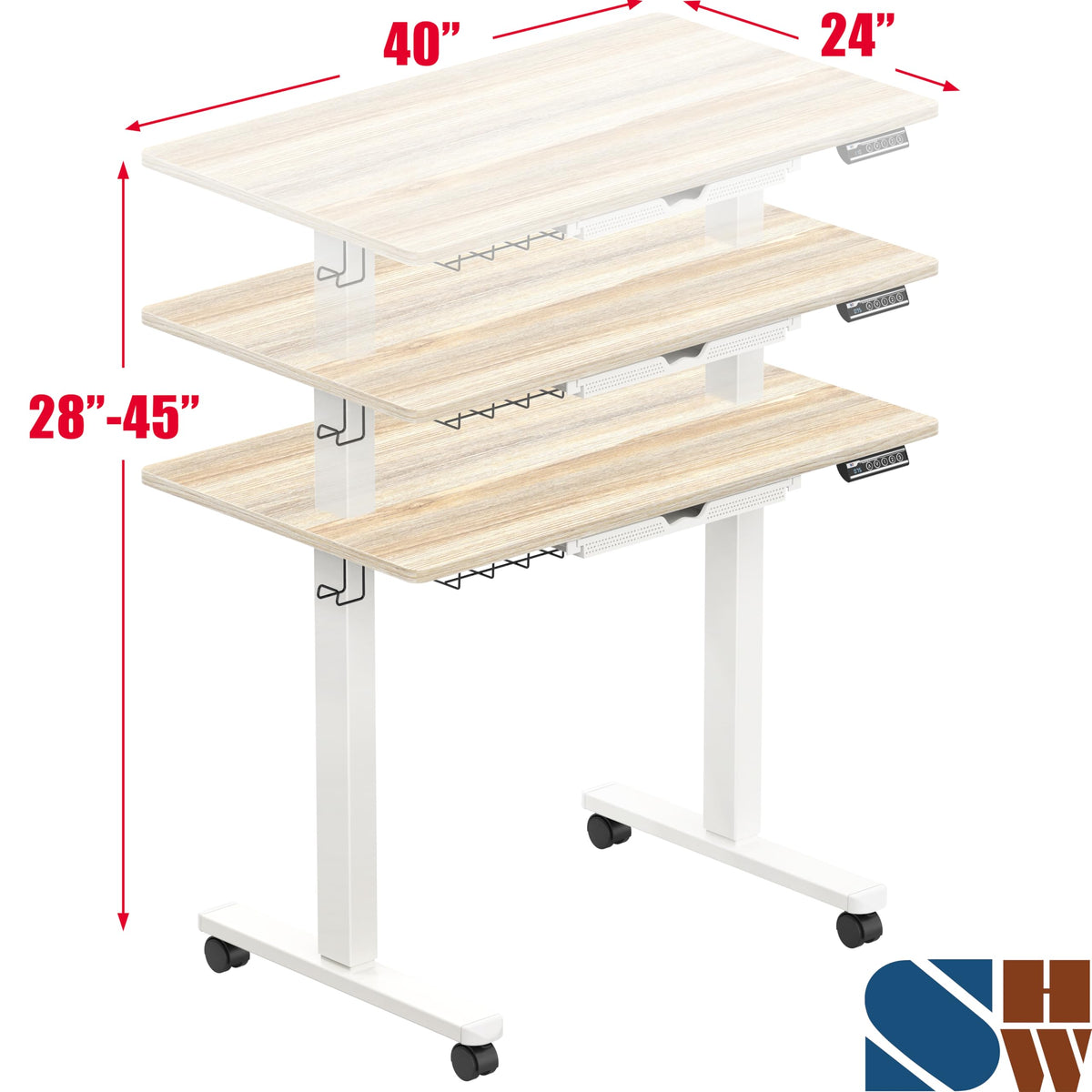 SHW 40-Inch Mobile Electric Height Adjustable Sit to Stand Desk with Drawer, Hanging Hooks and Cable Management, Maple