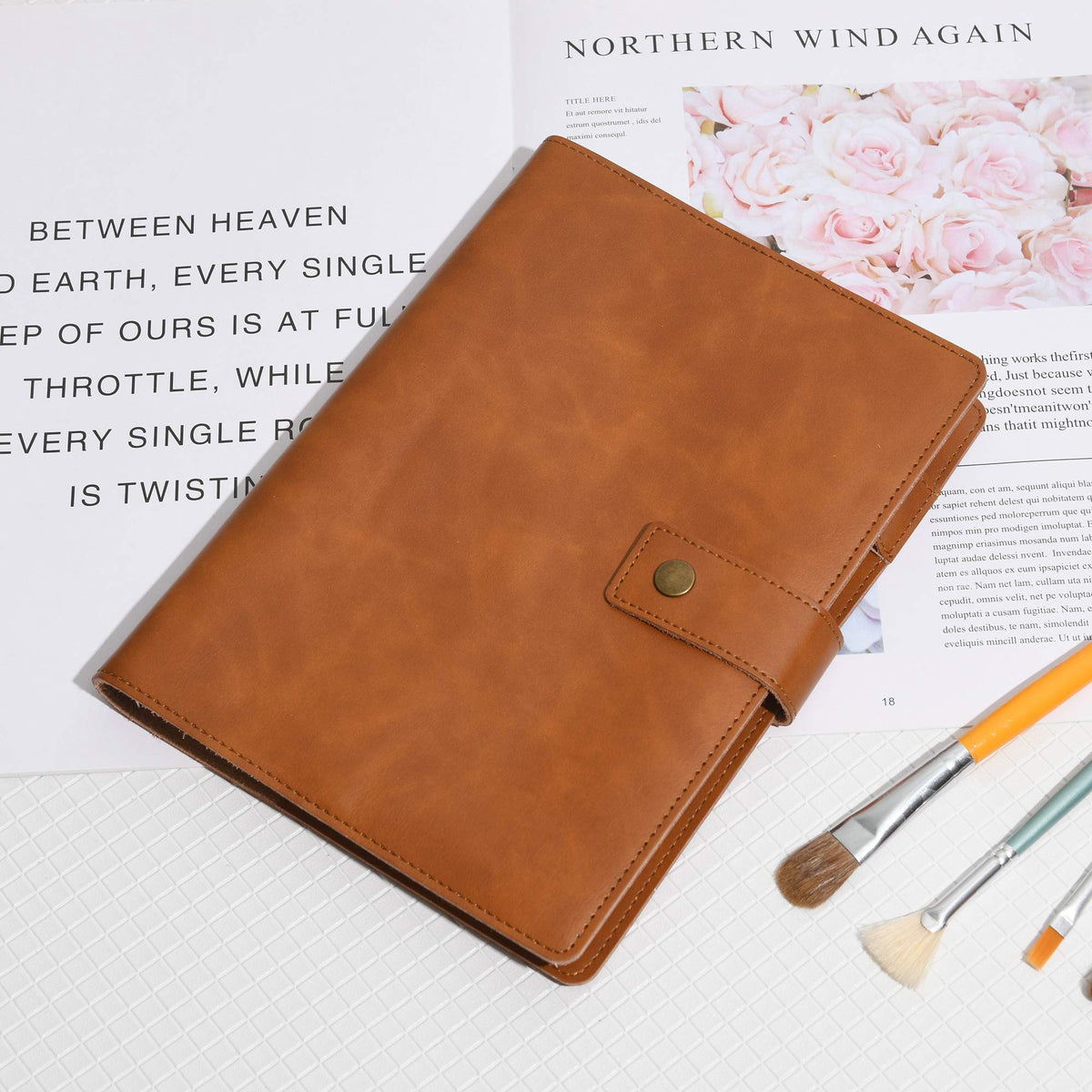WONDERPOOL Leather Journal Refillable Notebook Spiral Diary Binder Portfolio - A5 Dotted Paper & Inner Pockets for Travel Work and Personal Organizer (Brown, A5)