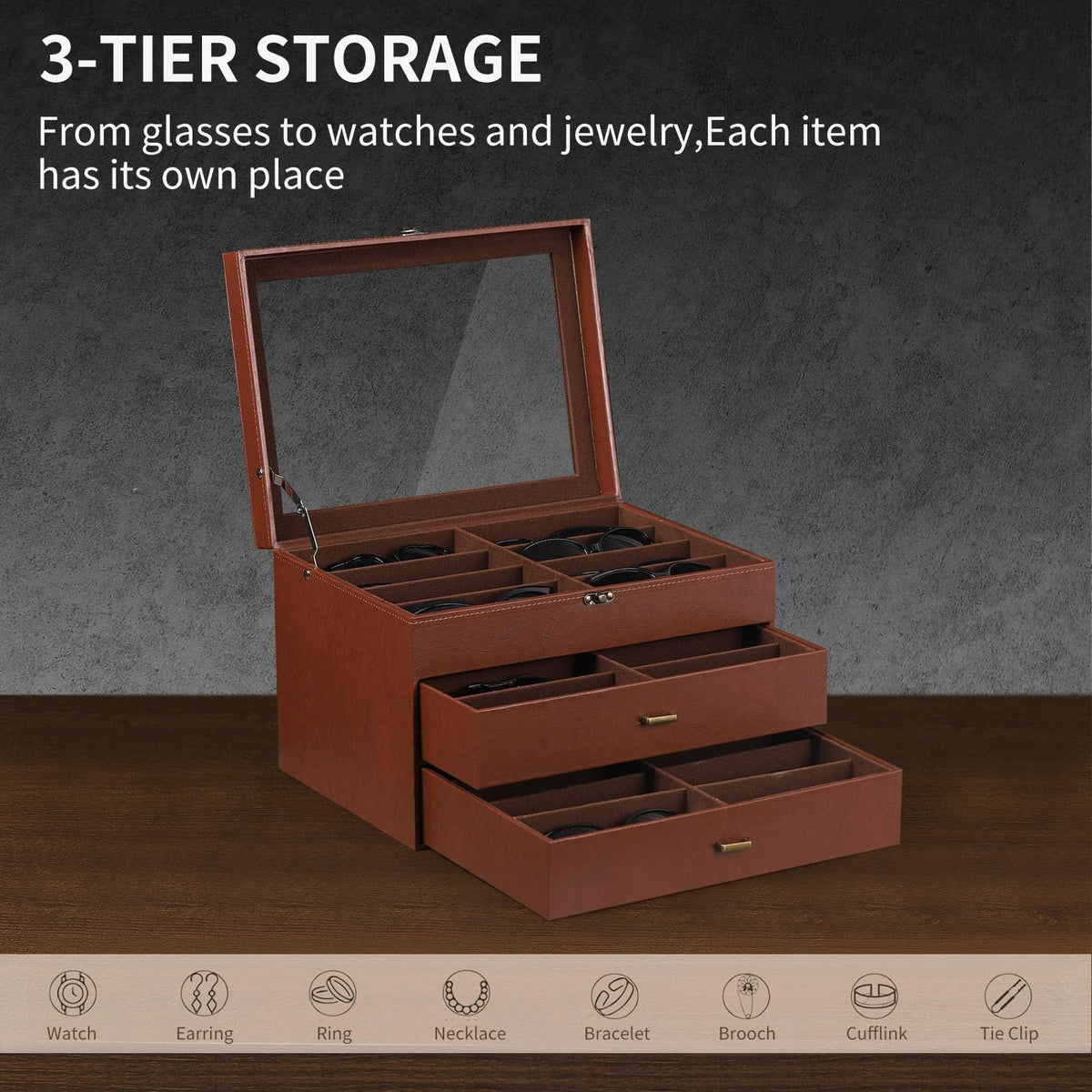 AUTOARK Leather & Velvet Clear Lid 24 Piece Eyeglasses Storage and Sunglass Glasses Display Drawer Lockable Case Organizer,Coffee,MKAW045