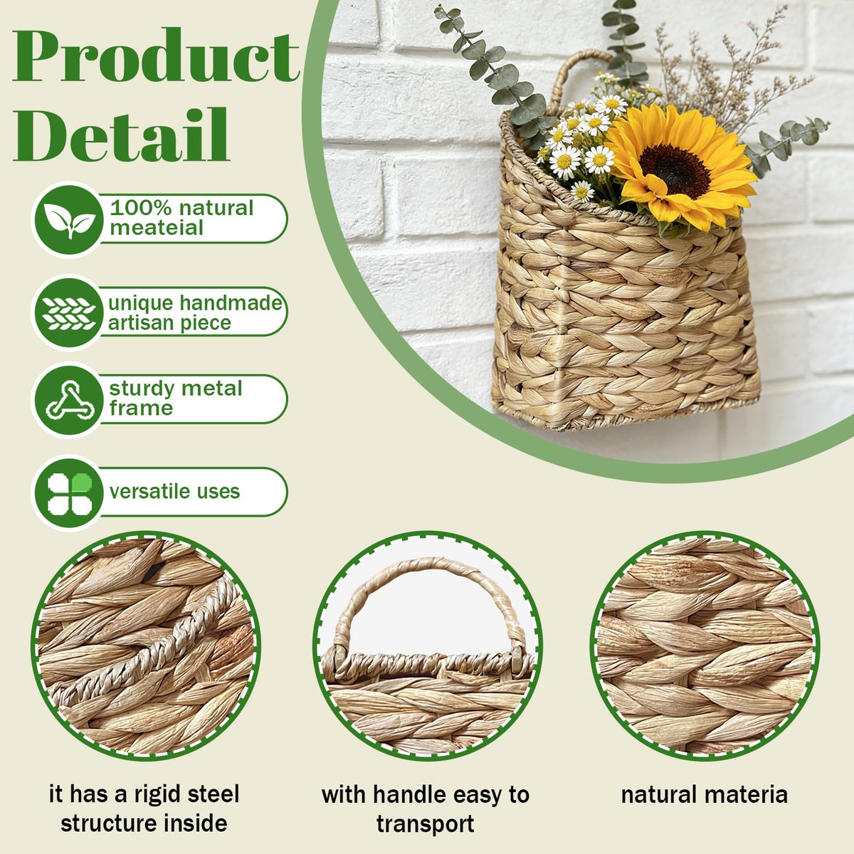 Woven Hanging Wall Basket,Natural Handmade Water Hyacinth Flat Back Basket for Farmhouse Home, Door, Entryway, Mail, Flower, Plant Decor