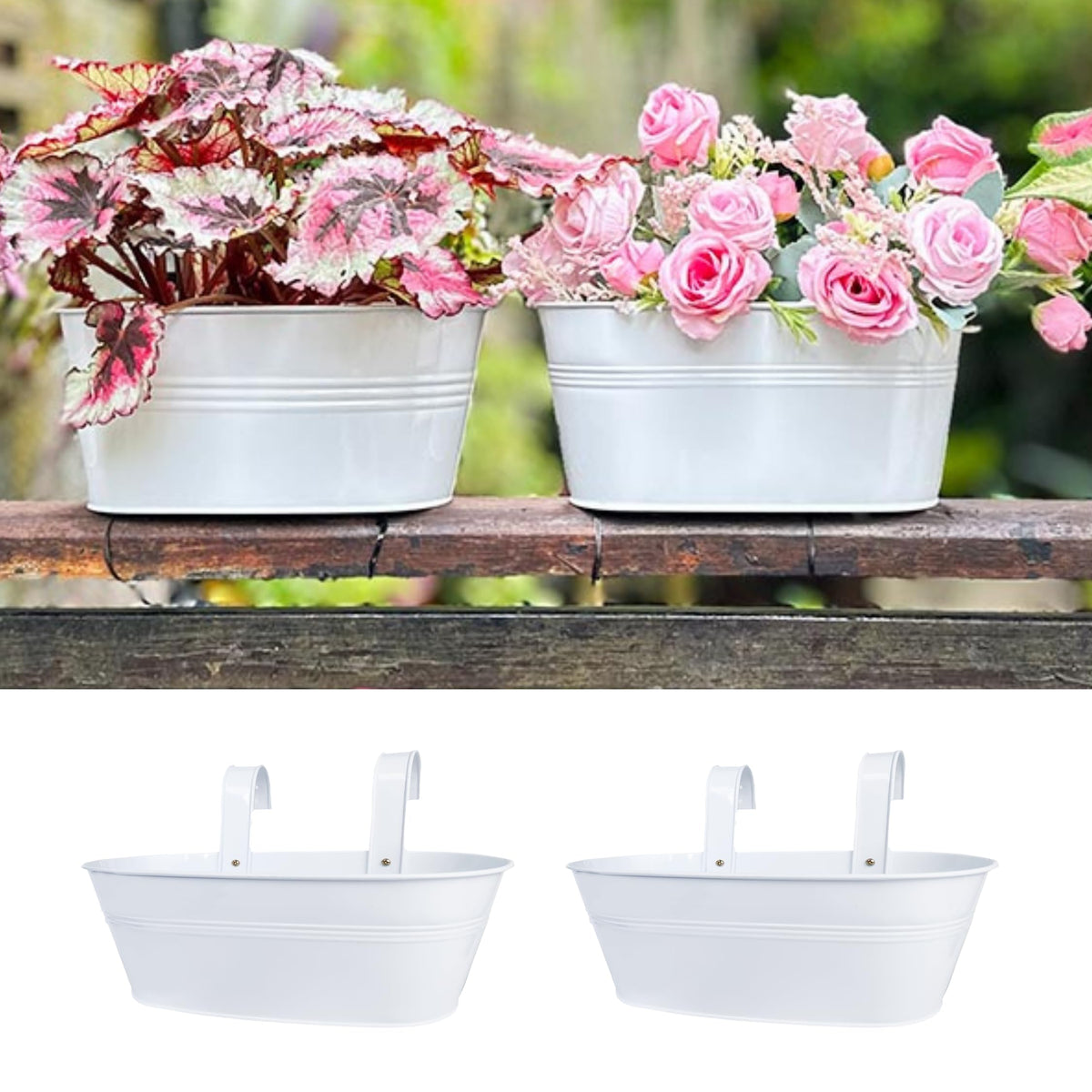 LaLaGreen Outdoor Plants Rail Planter (15 Inch, 2 Pack) White Metal Iron Hanging Flower Pot Deck Railing Fence Bucket Modern Boho Style Wall Mount Window Box Plant Holder Hooks Porch Herb Garden Decor