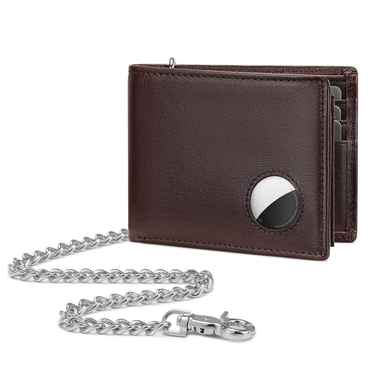 KLOMORE AirTag Chain Wallets for Men (Airtag Not Included), Sleek and Slim, RFID Blocking Genuine Leather Bifold Mens Wallet Includes ID Window Credit Card Holder with Sturdy Chain