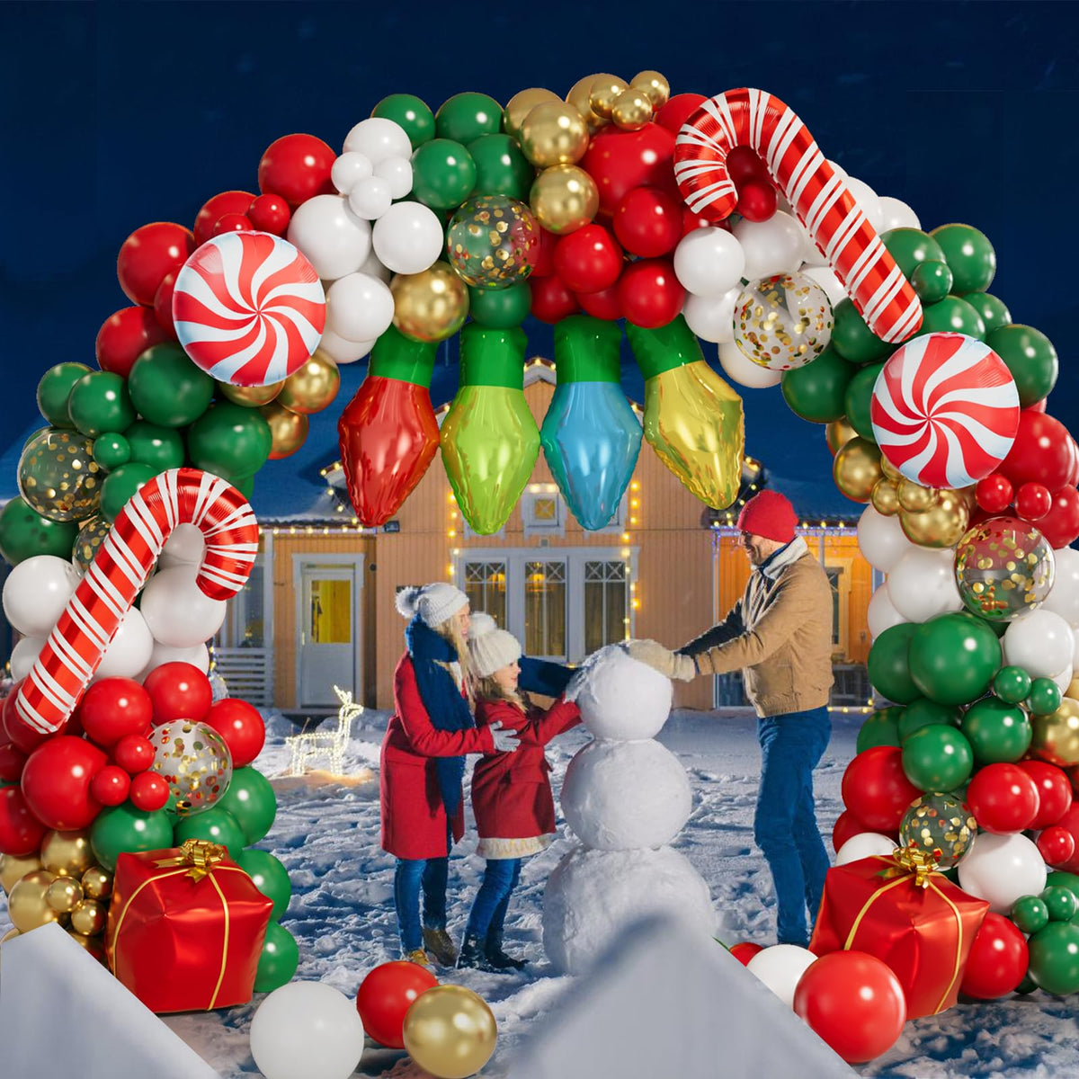 Grcypa 145Pcs Christmas Balloon Garland Arch Kit with Xmas Red White Green Gold Confetti Balloons Light Bulb Candy Cane Gift Box Foil Balloons for Christmas Party Decorations New Year Party Supplies