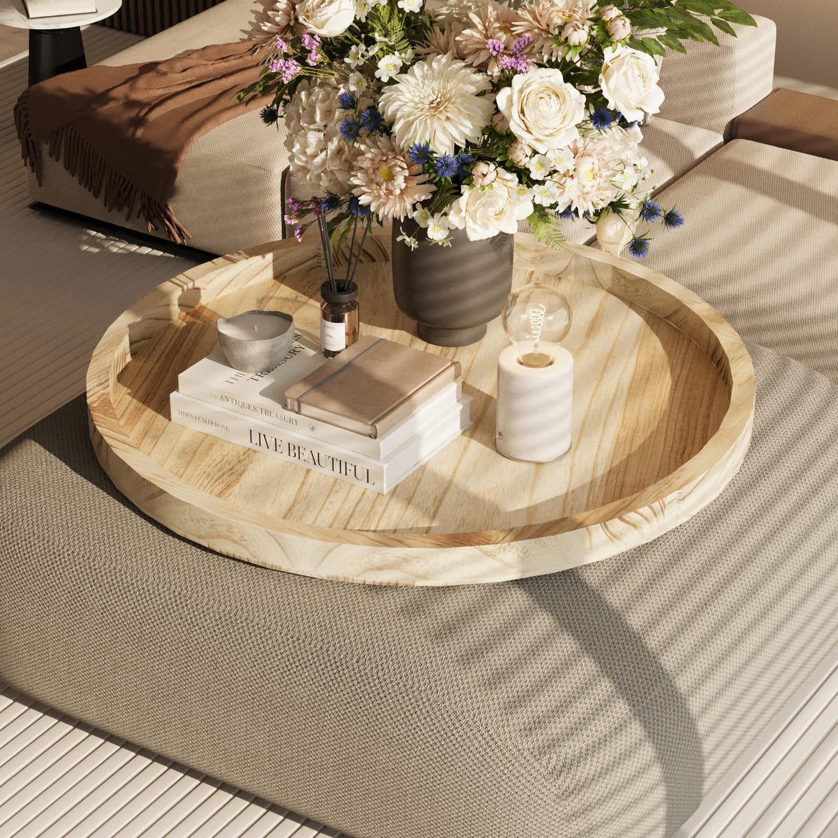 Round Ottoman Tray for Coffee Table Living Room Wood Serving Tray Large Wooden 20 Inches Rustic Torched