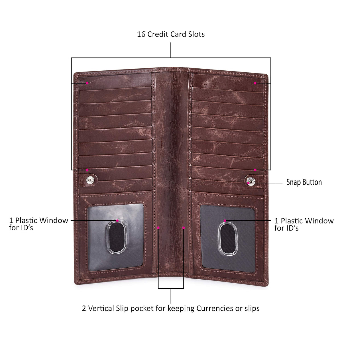 Long Wallet for Men Women Real Leather Bifold RFID Stylish Slim Handmade 2 ID Window Credit Card Holder in Gift Box (Coffee, Wax Pull Up)
