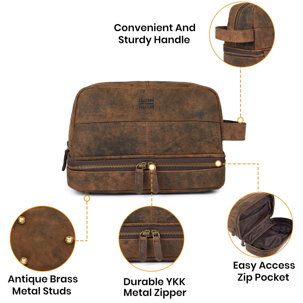 LEATHER VILLAGE Genuine Vintage Leather Dopp Kit - Travel Bag with Waterproof Lining, Large Capacity Toiletry Bag, Dual-Zip Design for Men & Women, Shaving & Bathroom Essentials Organizer-Rustic Brown