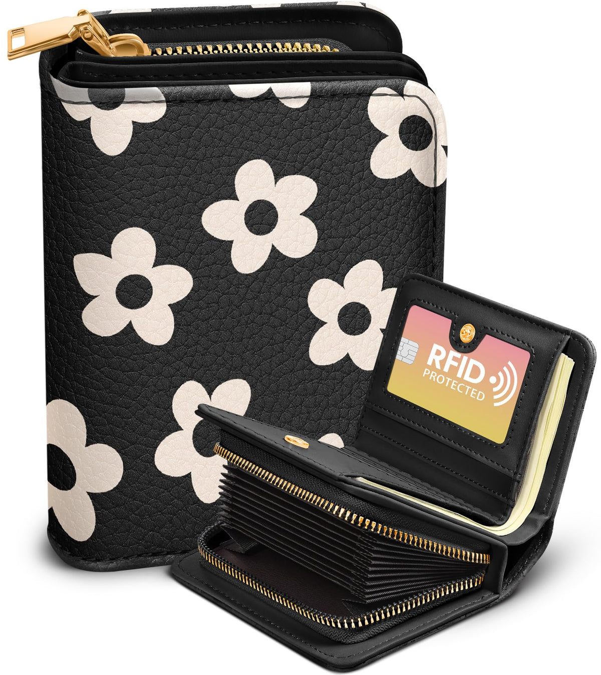 Bistup Credit Card Holder Wallet for Women - Cute Leather Ladies Teen Girls Female Cardholder Wallets Accordion Purse Small Medium Aesthetic Print Black Flower Unique Modern Rfid Zipper Around