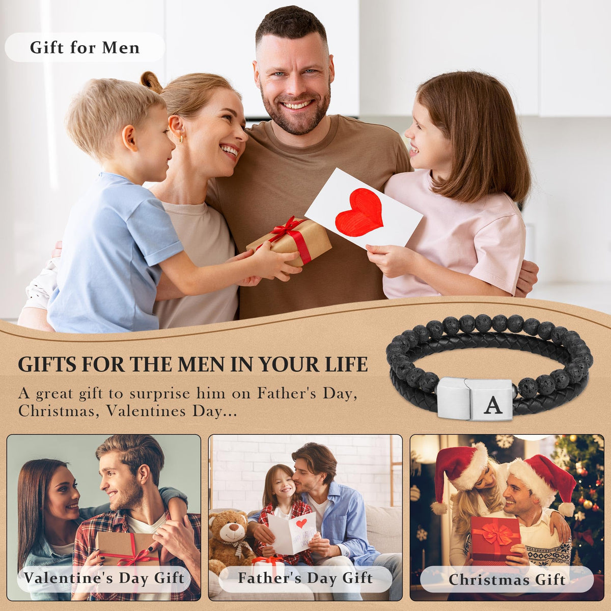 FOCOOG Gifts for Mens Bracelet - Men Gift Leather Bracelets for Men with Initial Lava Rock Bead Gift for Husband Leather Men's Initial A Bracelet for Men's Jewelry Mens Gifts for Dad Husband