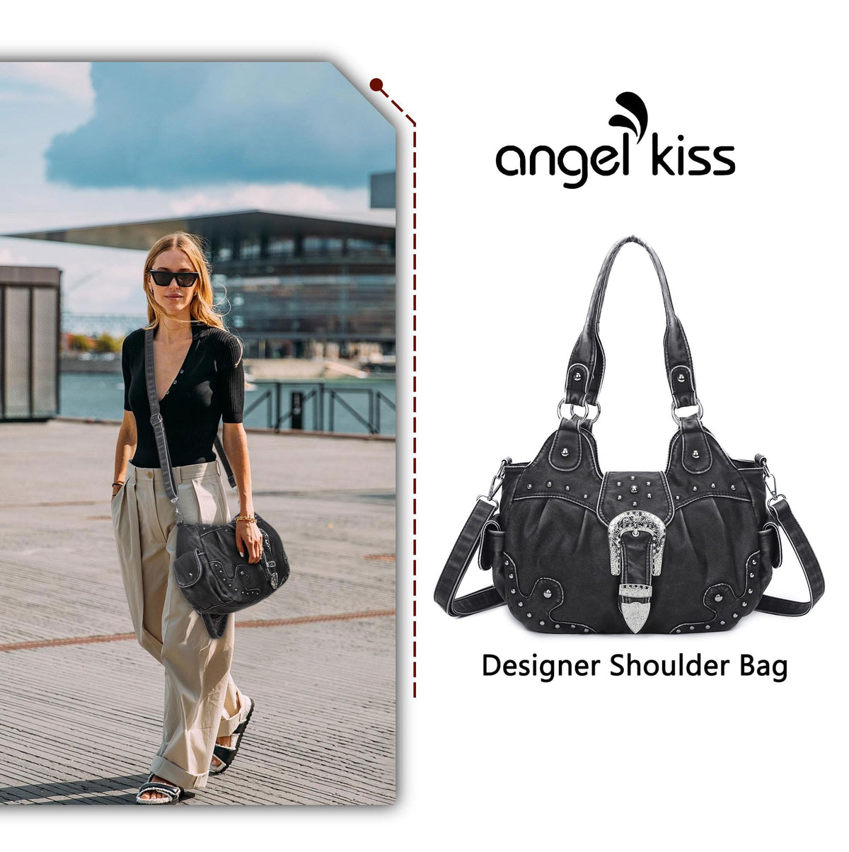 Angel Kiss Hobo Bags for Women Vegan Leather Purses and Handbags Ladies Chic Shoulder Bags Crossbody Purses with Metal Studs