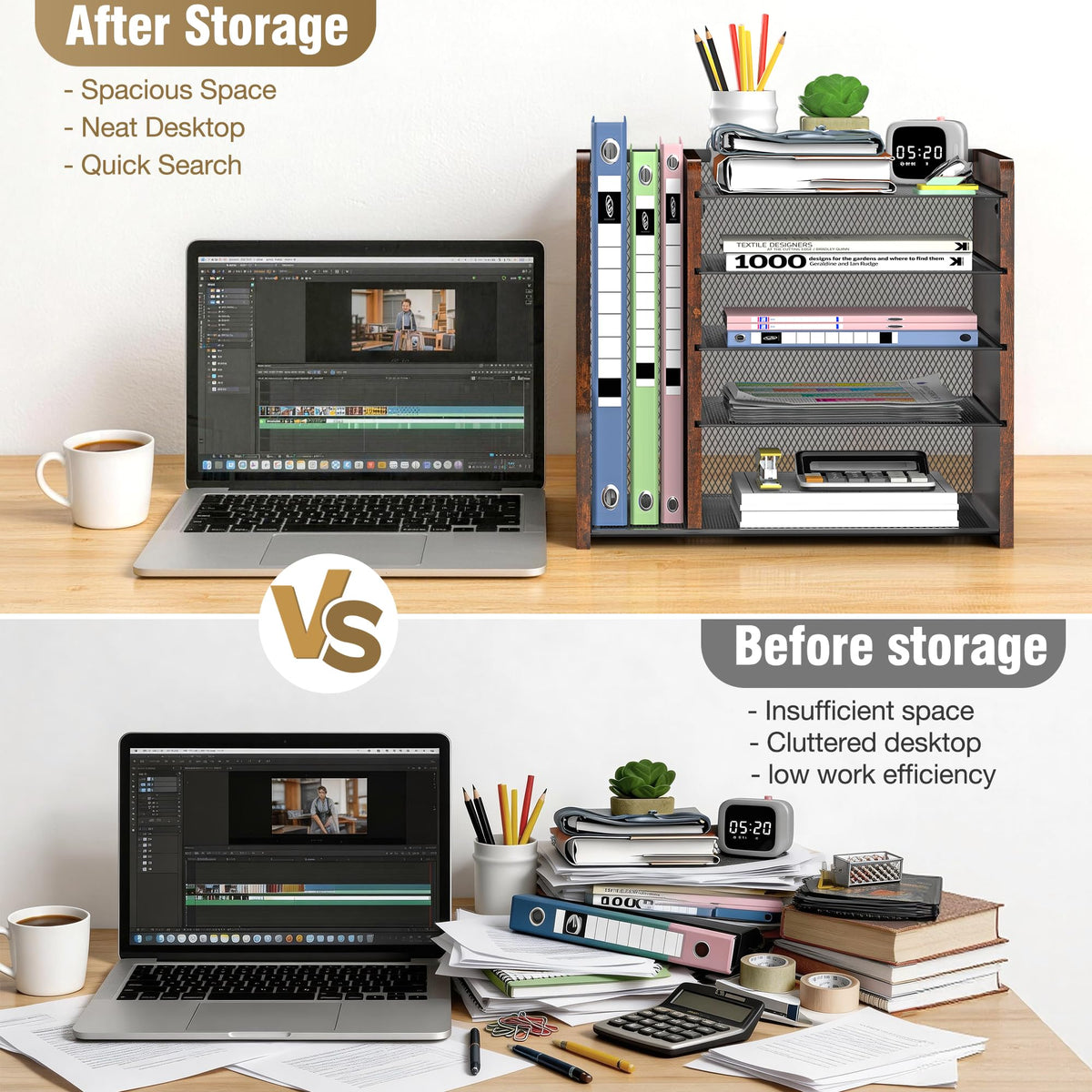 Desktop Storage with File Rack, 5-Layer Paper Letter Tray Storage, mesh Desktop Storage, and Storage Device with Office Supplies and Magazine Rack-Wood Grain