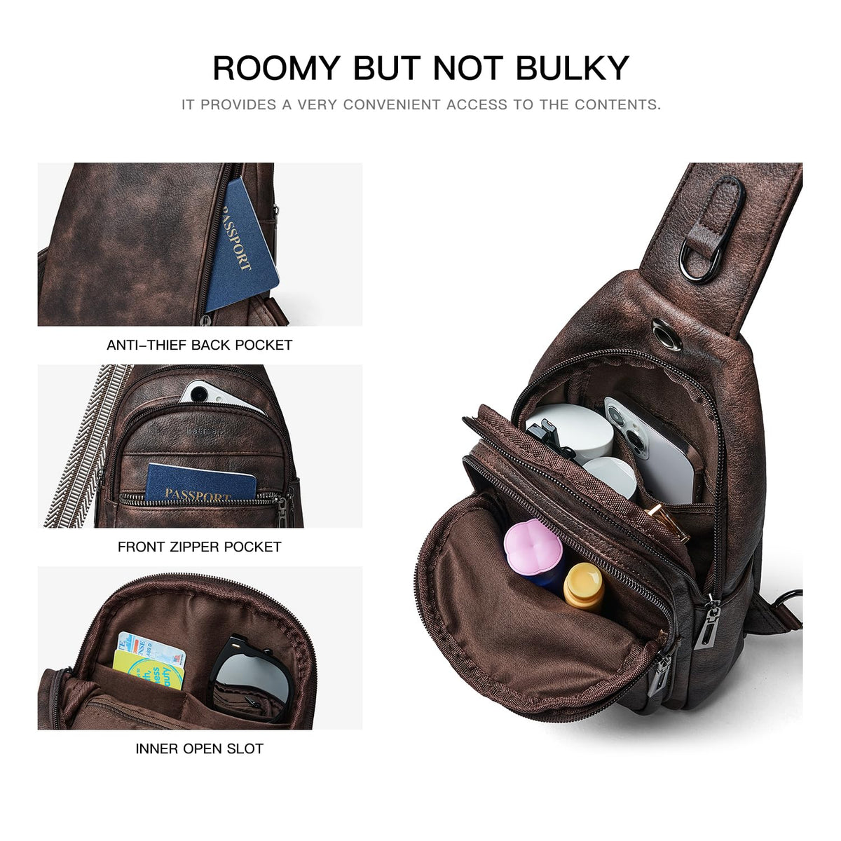 LATMAP 7L Sling Bag For Women Faux Leather Anti Theft Small Casual Daypack Backpack Fanny Pack Crossbody Chest Bags Purse Waterproof Coffee Color