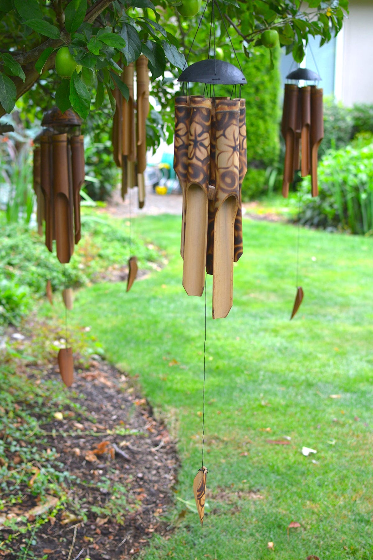 Cohasset Gifts 166 Burnt Flower Simple Bamboo Wind Chime, Small Wood Design