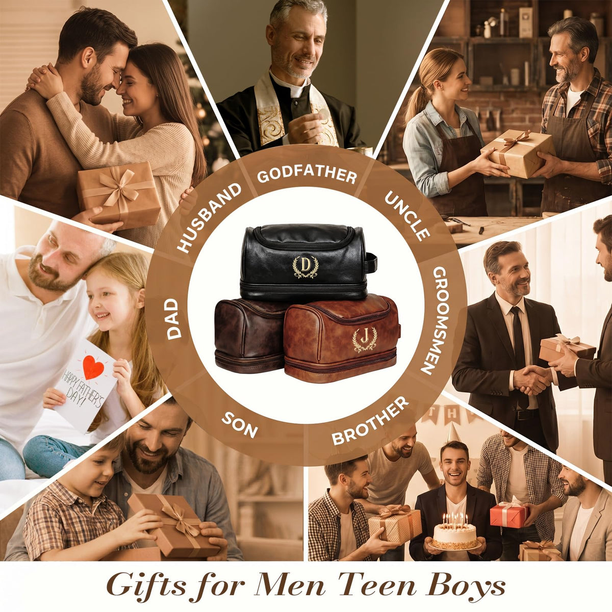giftoria Father's Day Travel Toiletry Bag for Men, Leather Waterproof Shaving Kit Bag with Hanging Hook, Birthday Anniversary Christmas Presents for Father(S)