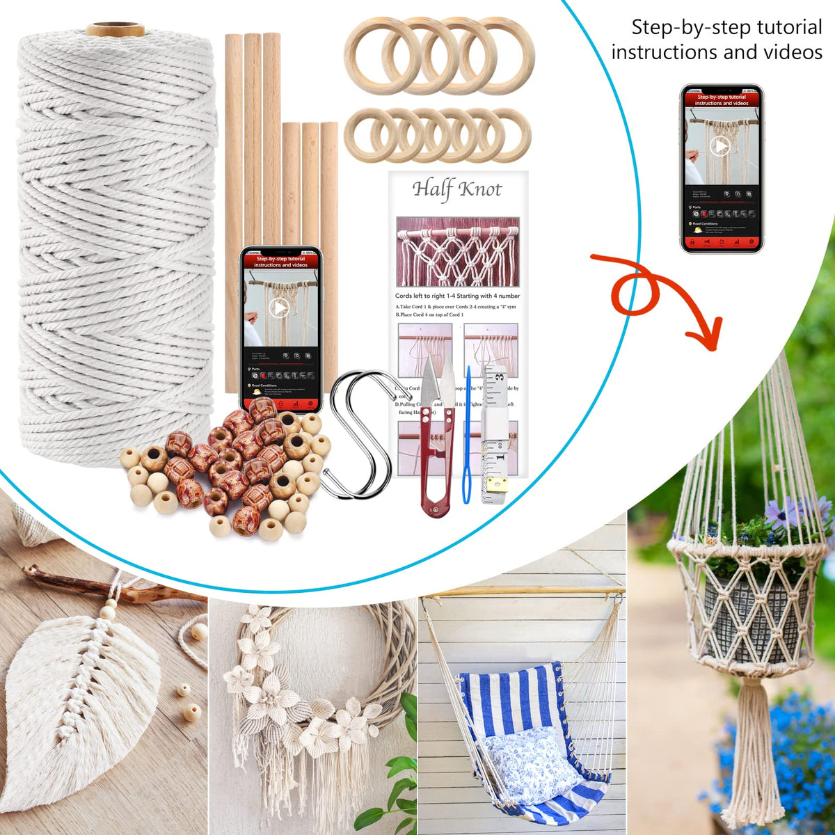 Hdviai 121Pcs Macrame Kit, Macrame Supplies 3mm x 109Yards Macrame Cord for Macrame Kits for Adults Beginners, with Accessories Like 100Pcs Beads and 10Pcs Wooden Rings for Macrame Plant Hanger Kit