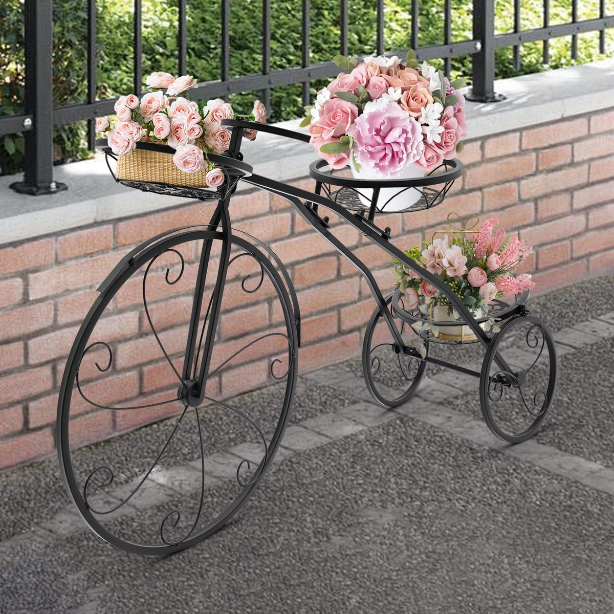 DOONARCES 3 Pots Tricycle Plant Stand Iron Tricycle Shape Black Planter Rack Flower Holder Indoor Outdoor Floral Displaying Rack for Home Garden Patio Decor DIY (Black)