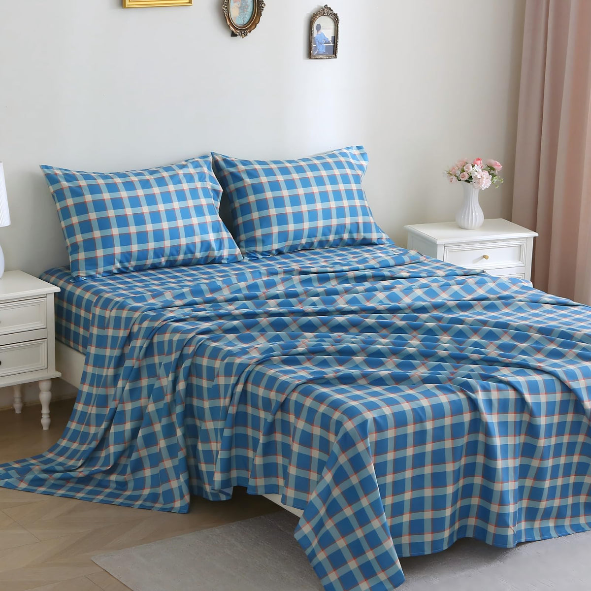 MUXHOMO Queen Size 4 Piece Sheet Set, Soft & Breathable Sheet for Bedroom with Deep Pocket Up to 16", Wrinkle-Free & Cooling Bed Sheet with Flat Sheet, Fitted Sheet & Pillowcases - Blue Green Plaid