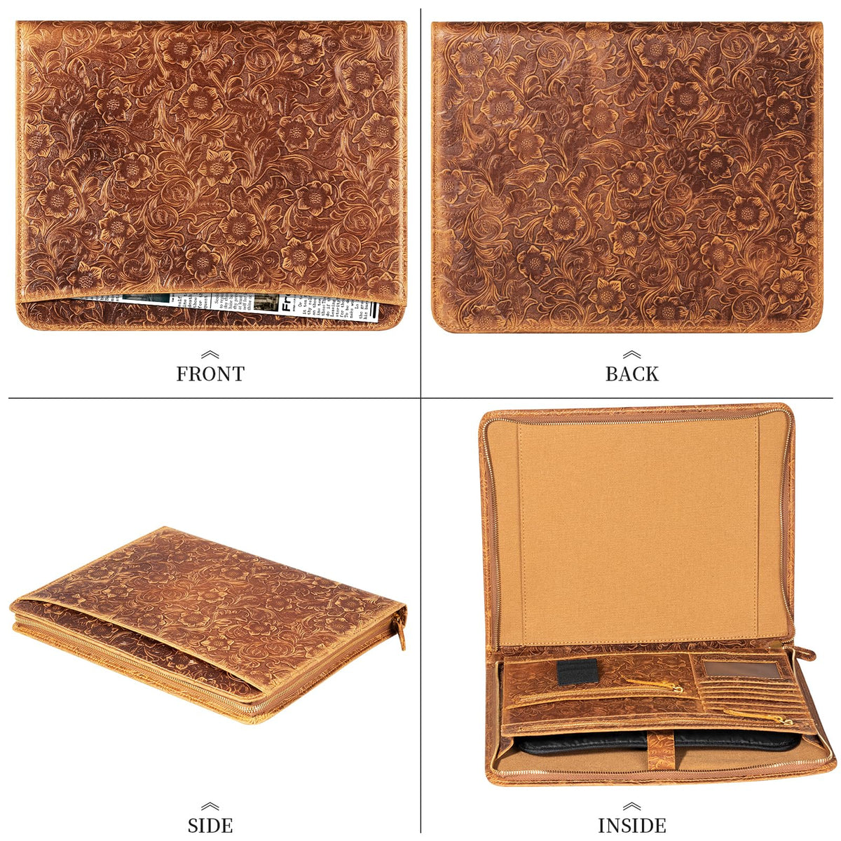 Gexmil Leather Portfolio Organizer for Women Men, Business Padfolio Folder with Zipper, Full Grain Leather,Interview Legal Document File Resume Organizer, A4 Writing Notepad Padfolio, Floral Brown