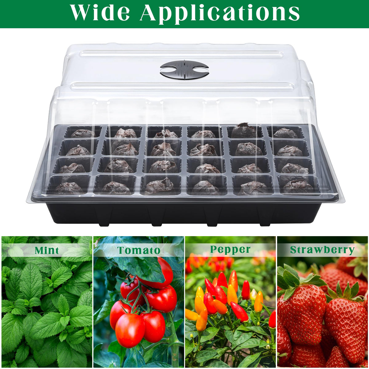 Hahood 4 Sets Seed Starter Tray Kit Germination Starter Tray with Humidity Dome and Base Include 100 Peat Pellets 100 Plant Labels Garden Tools Plastic Plant Growing Trays for Greenhouse Garden, Black