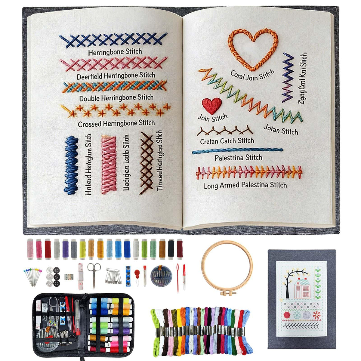 Embroidery Stitch Book Kit for Adults & DIY Craft Enthusiasts, Portable Embroidery Kit for Beginners, Includes Guide to 106 Patterns with Tools & Tutorials and 86-Piece Sewing Tool Set (1 Kit)