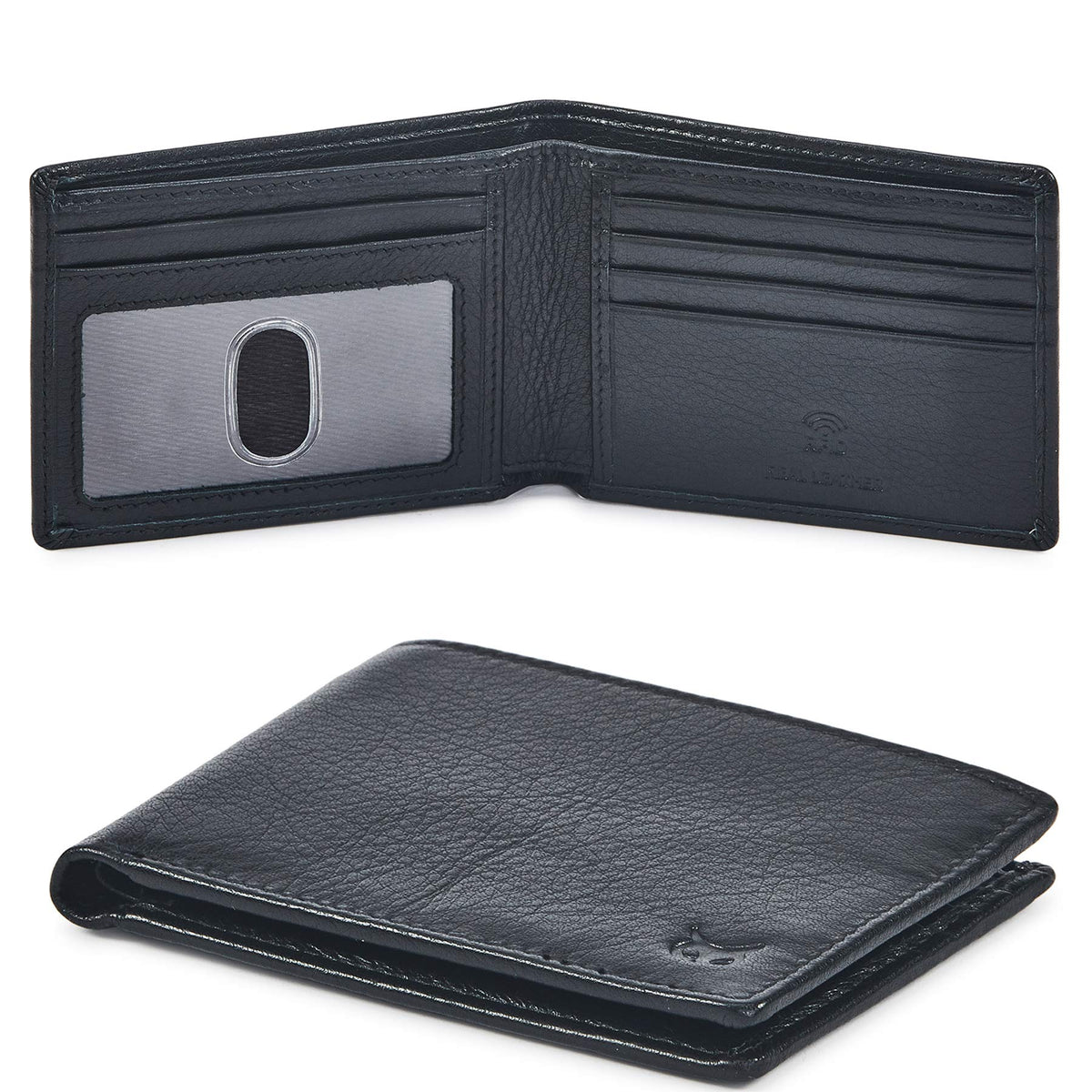 Real Leather Mens Bifold Wallet RFID Blocking Slim Minimalist Front Pocket - Thin & Stylish with ID Window in Gift Box (Nappa, Black)