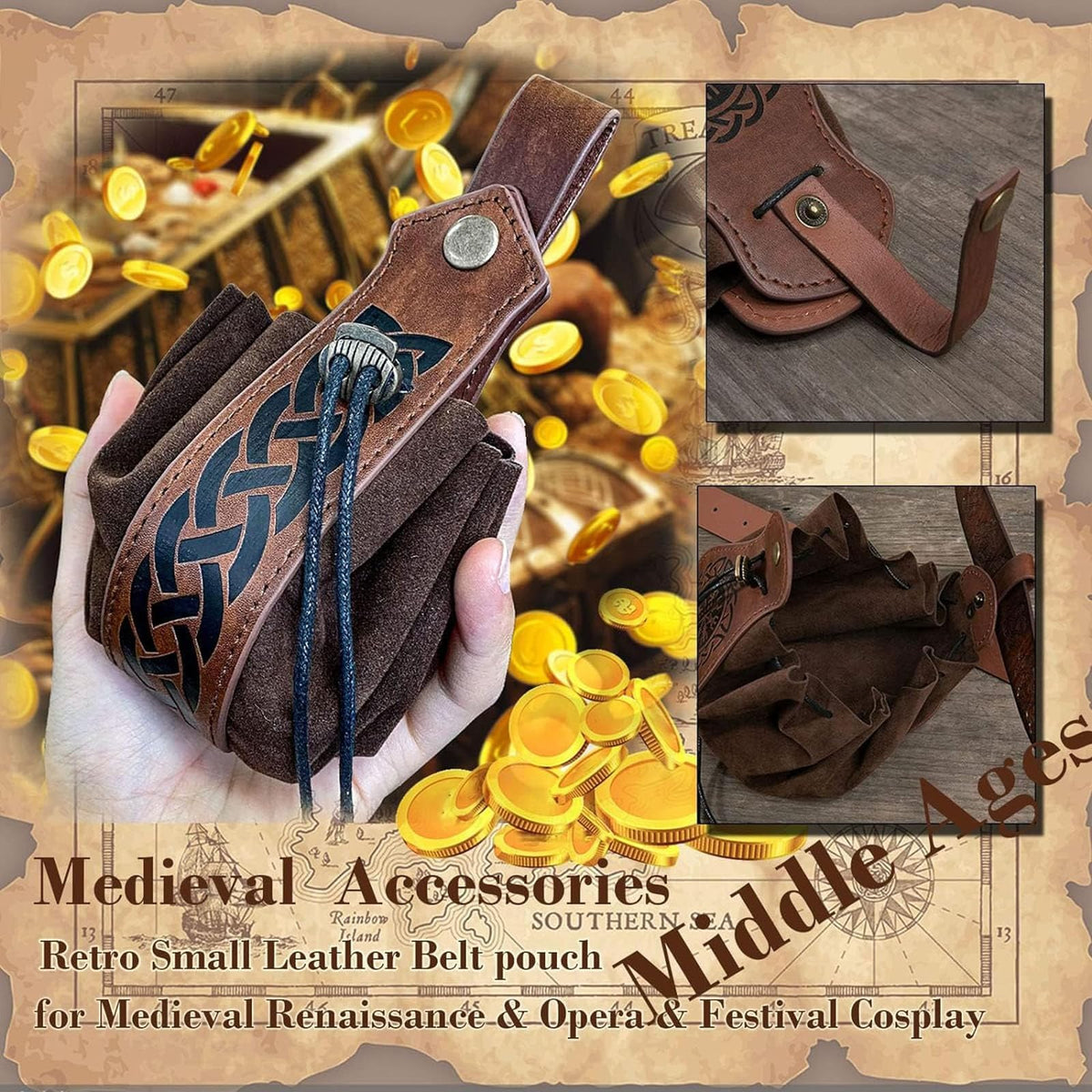 KOTORA Pirate Costume Pirate Head Scarf Bandanas Belt Waist Sash Medieval Belt Pouch Coin Purse Leather Hook Festival Sets (Pattern02 Brown)
