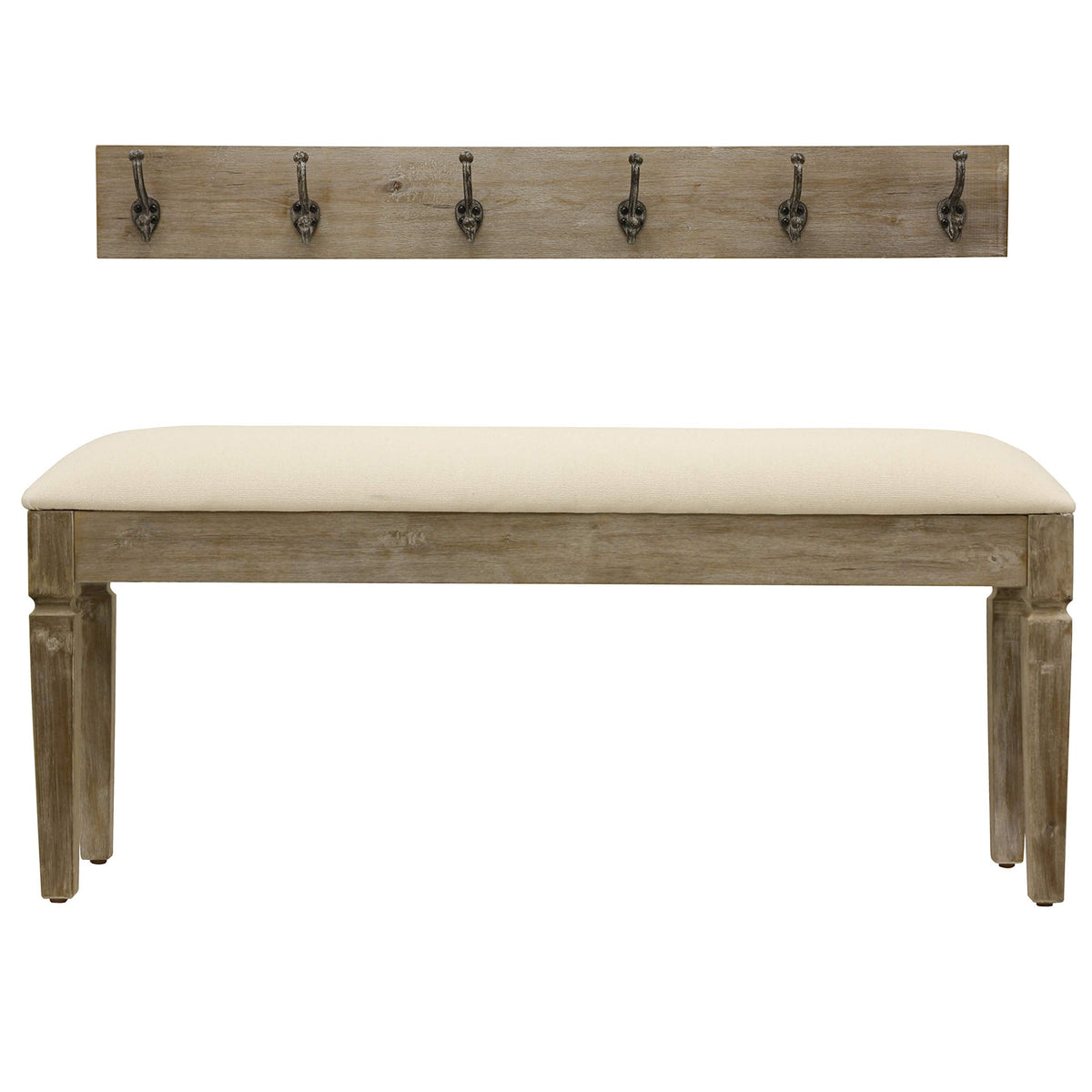 Decor Therapy Waverly Wood Bench with Coat Rack Set, Set of 2, White with Cream Cushion