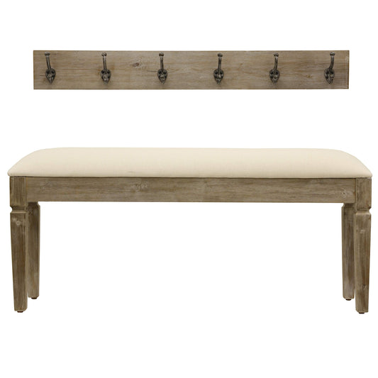Decor Therapy Waverly Wood Bench with Coat Rack Set, Set of 2, White with Cream Cushion
