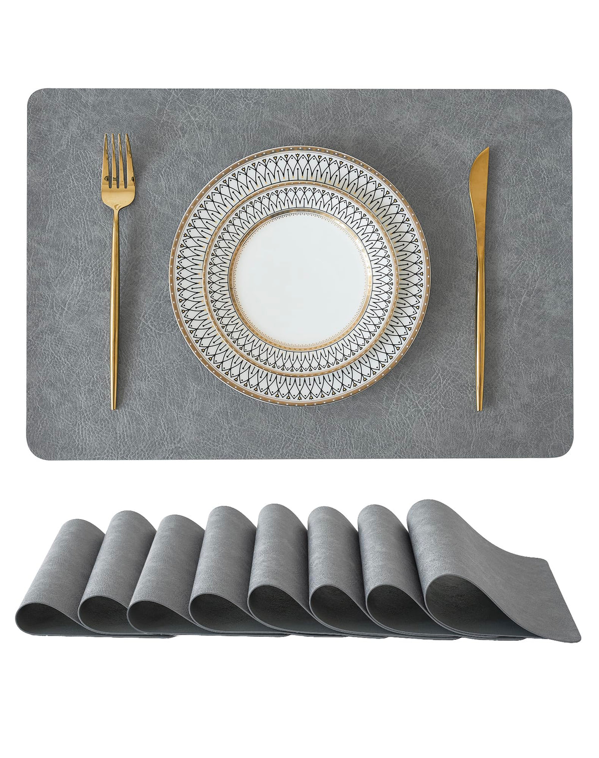 Leetaltree Reversible Faux Leather Placemats Set of 8, 12x17 Inch - Heat Resistant, Waterproof, Non-Slip Table Mats for Dining Kitchen, Hotel-Quality, Mist Grey