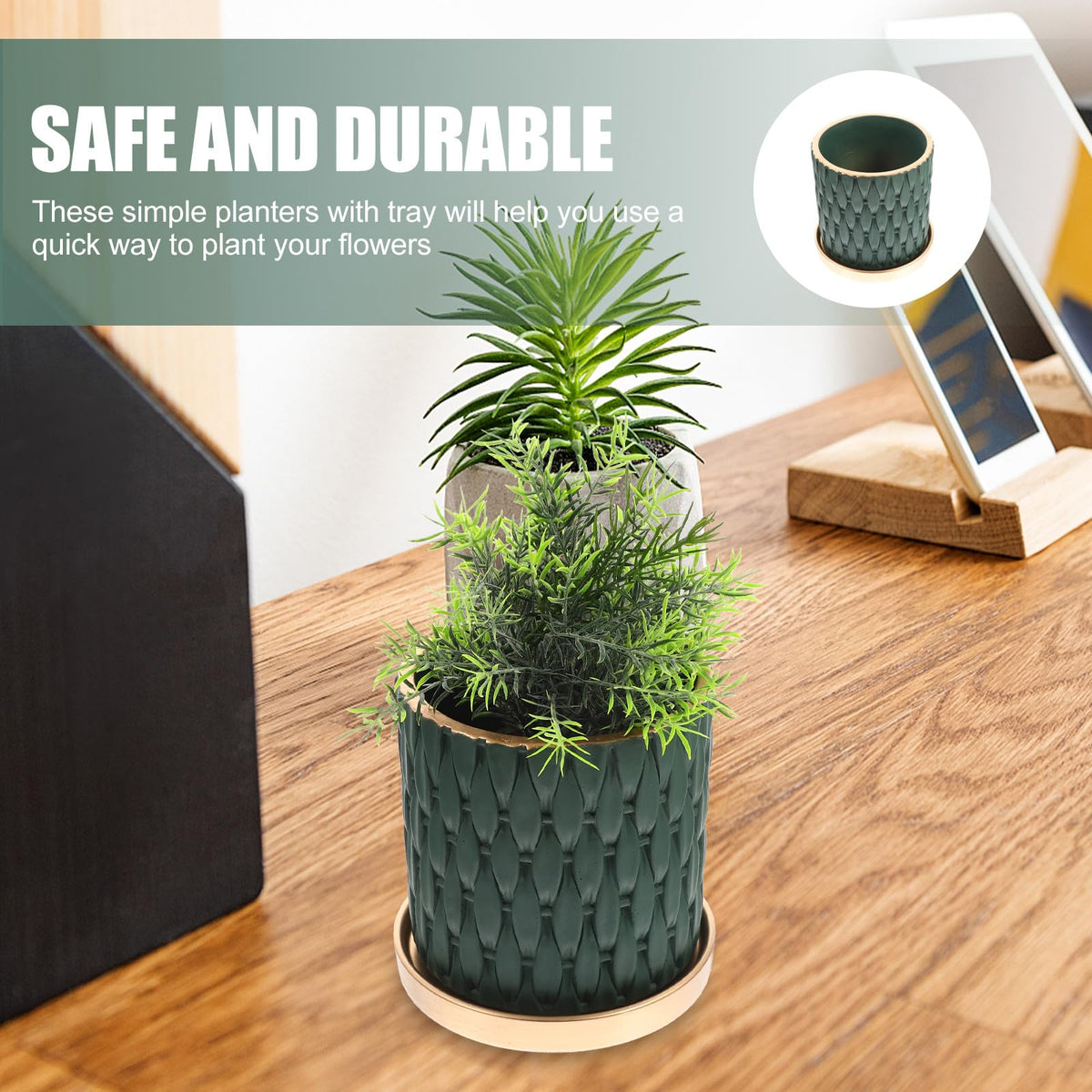 TIDTALEO European Style Cement Woven Pattern Plant Pot with Drainage Tray, Outdoor Indoor Nursery Flower Planter in Dark Emerald and Metallic Tray, Garden Planting Accessory for Patio