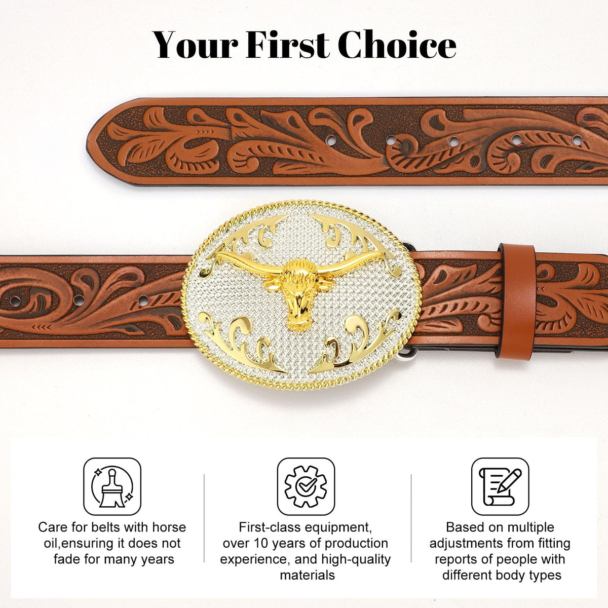 SANSTHS Cowboy Belts for Men Women, Western Leather Belt with Big Buckles Mexican Country Black Longhorn Bull Belt for Jeans, Brown