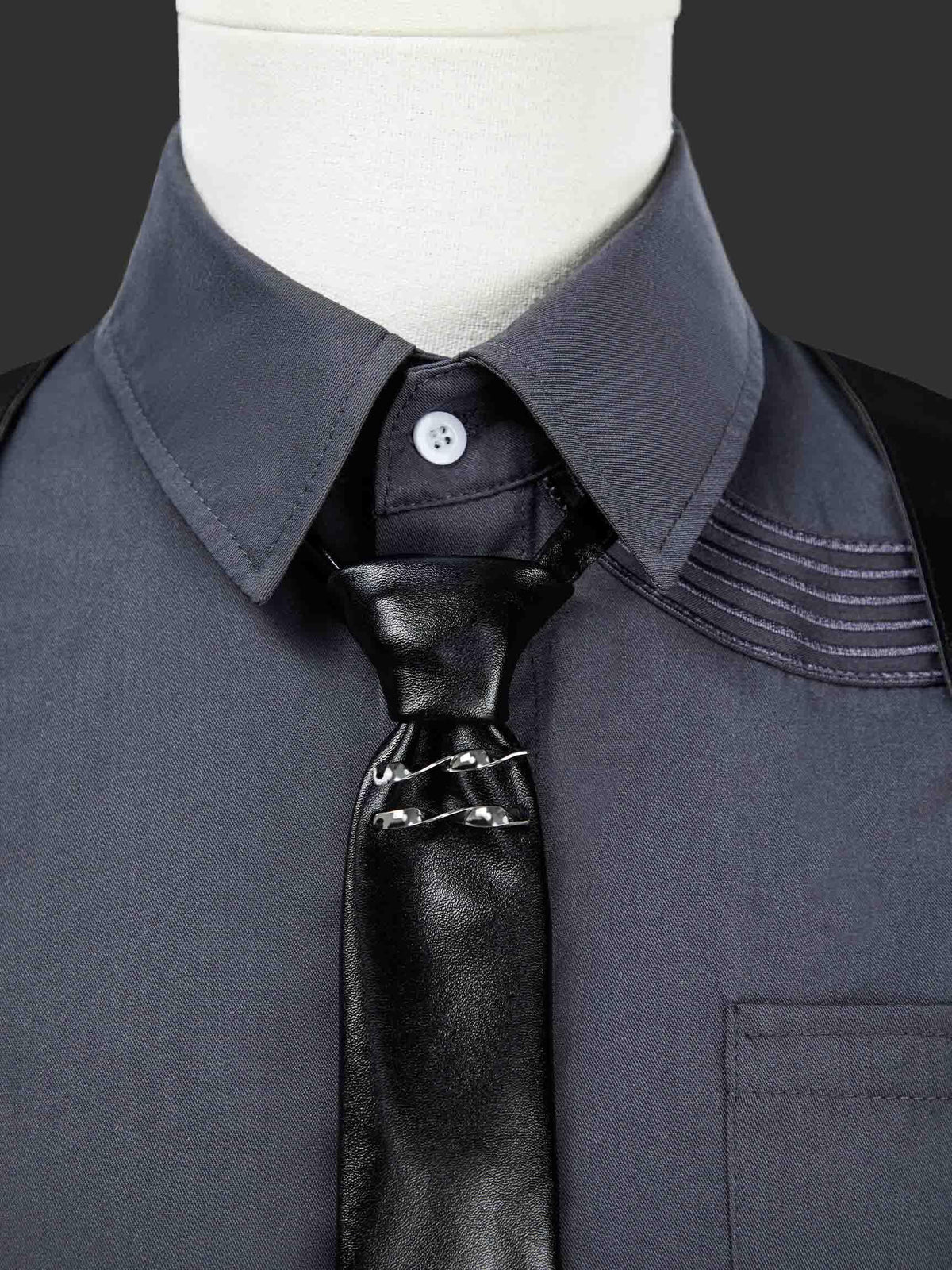 miccostumes Unisex Cosplay Accessory Black Leather Body Harness Belt Set with Waist Chain Gloves Necktie (black, S/M)