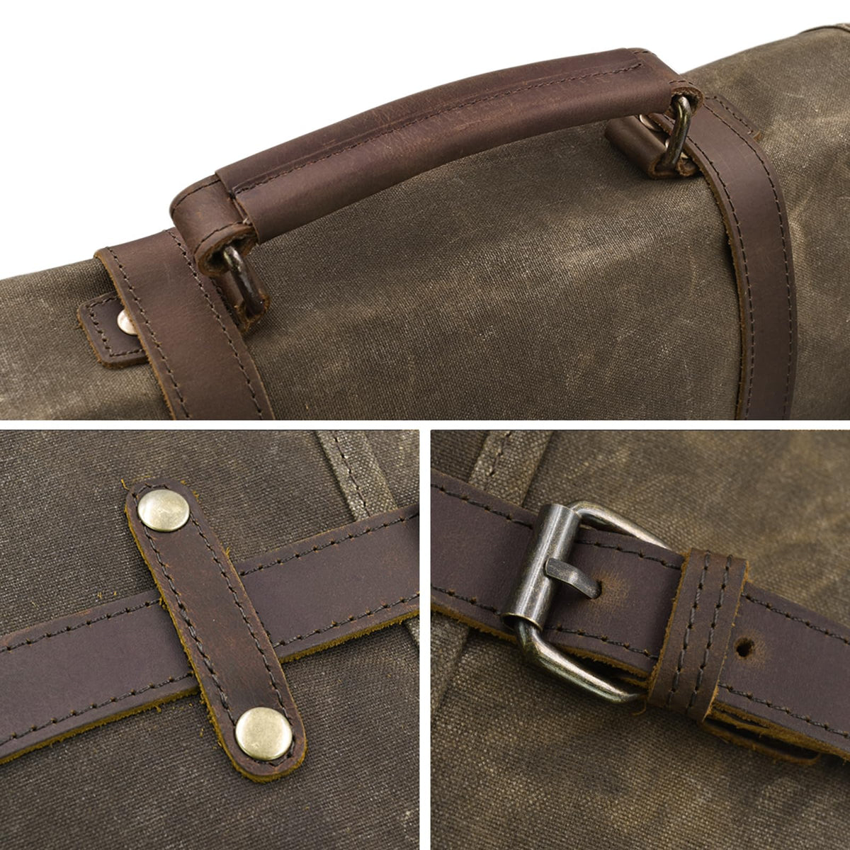Mens Messenger Bag 15.6 Inch Waterproof Vintage Genuine Leather Waxed Canvas Briefcase Large Leather Computer Laptop Bag Rugged Satchel Shoulder Bag, Coffee