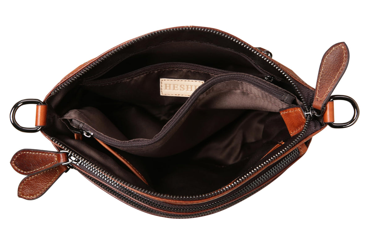 HESHE Leather Crossbody Bags for Women Vintage Satchel Bags Leather Purses and Handbags Small Shoulder Handbags Sling Pocket Bag Hobo Purse Designer Travel Bags (Brown)