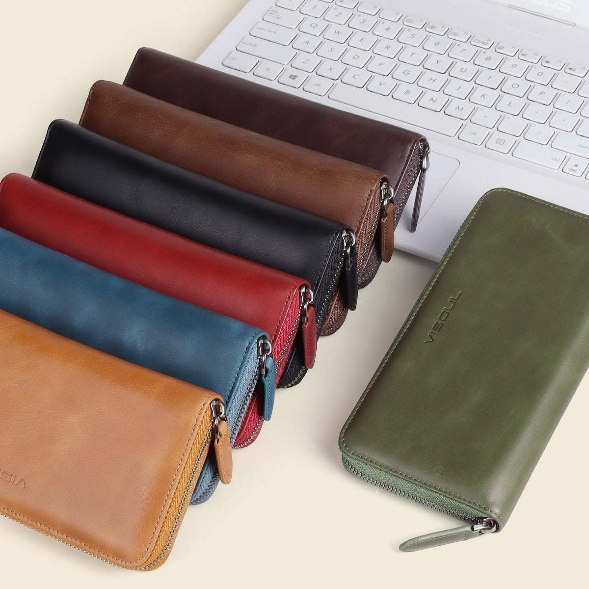 VISOUL Leather Long Zipper Pouch Wallet for Men and Women with RFID Blocking, Large Clutch Cash Long Wallet with Zipper (Brown)