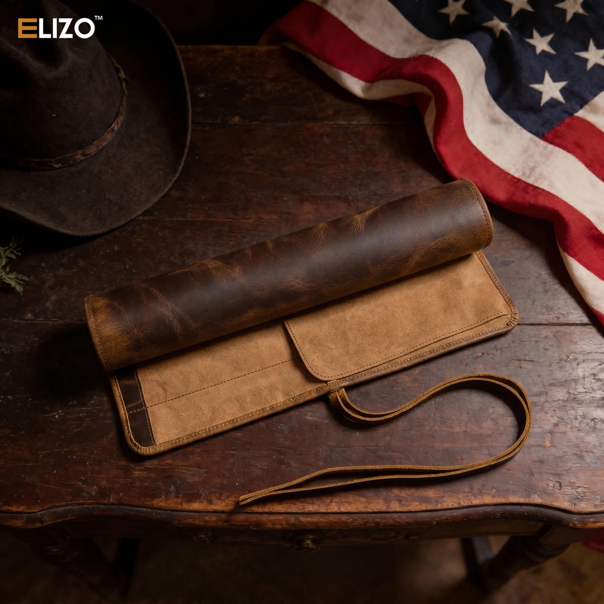 ELIZO Leather Knife Roll Bag Professional Chef Knife Case, Durable Knife Sheath Holder, Cooks & Culinary Tools Carrying Storage, Portable Knife Wrap - 4 Slots
