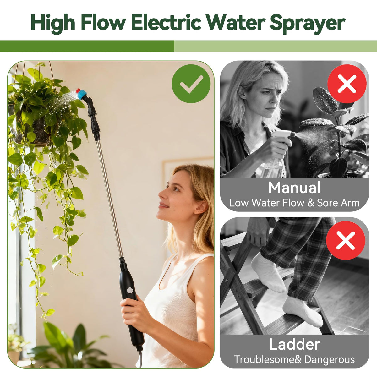 High Reach Electric Plant Waterer for Indoor Hanging Plants, Telescoping Indoor Water Sprayer Wand with Pump, 180° Adjustable Watering Nozzle High Flow Leakproof Design