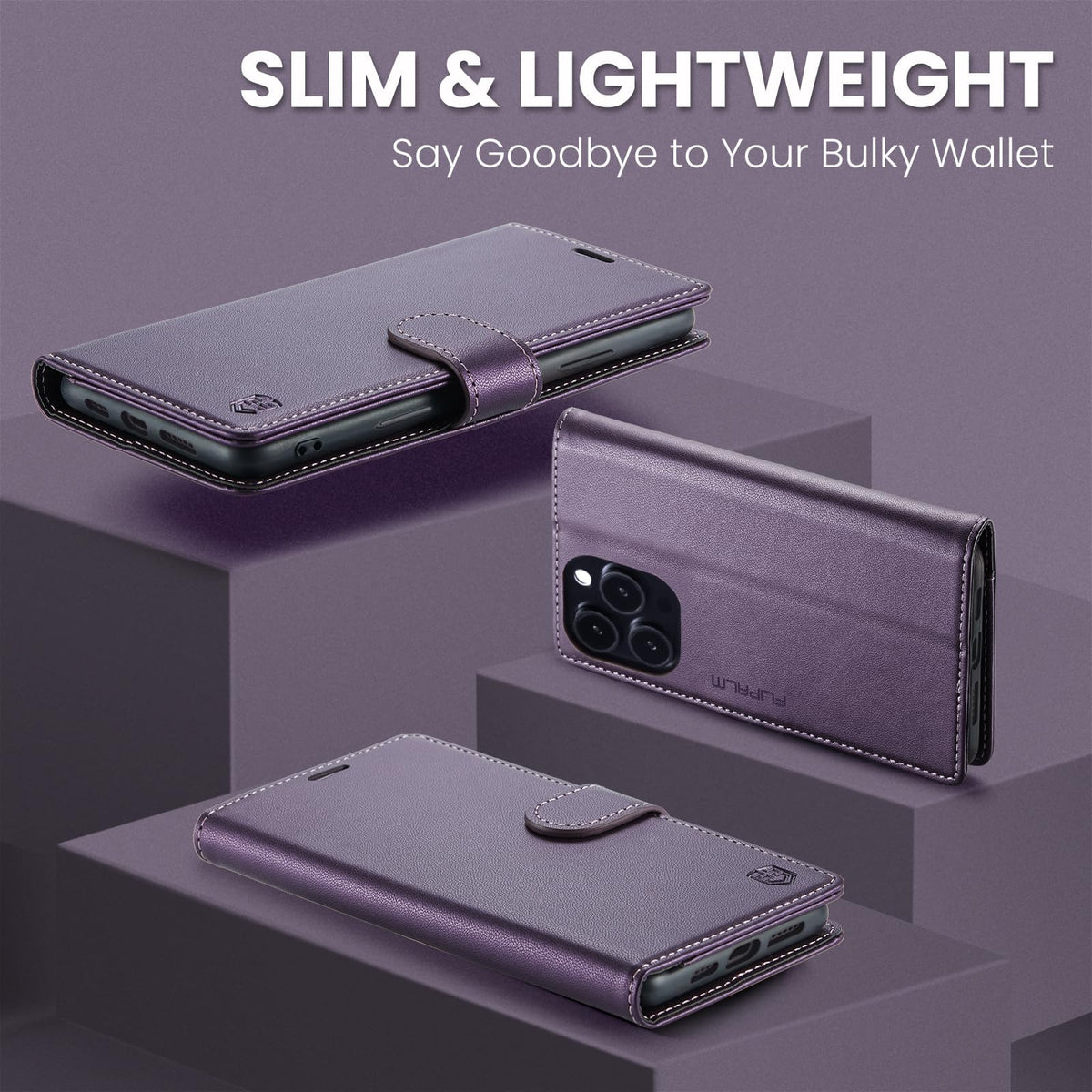 FLIPALM Wallet Case for iPhone 15 Series, RFID Blocking Credit Card Holder, PU Leather Folio Flip Kickstand Protective Shockproof Cover for Apple 15 Series (Purple, iPhone 15 Pro Max - 6.7")